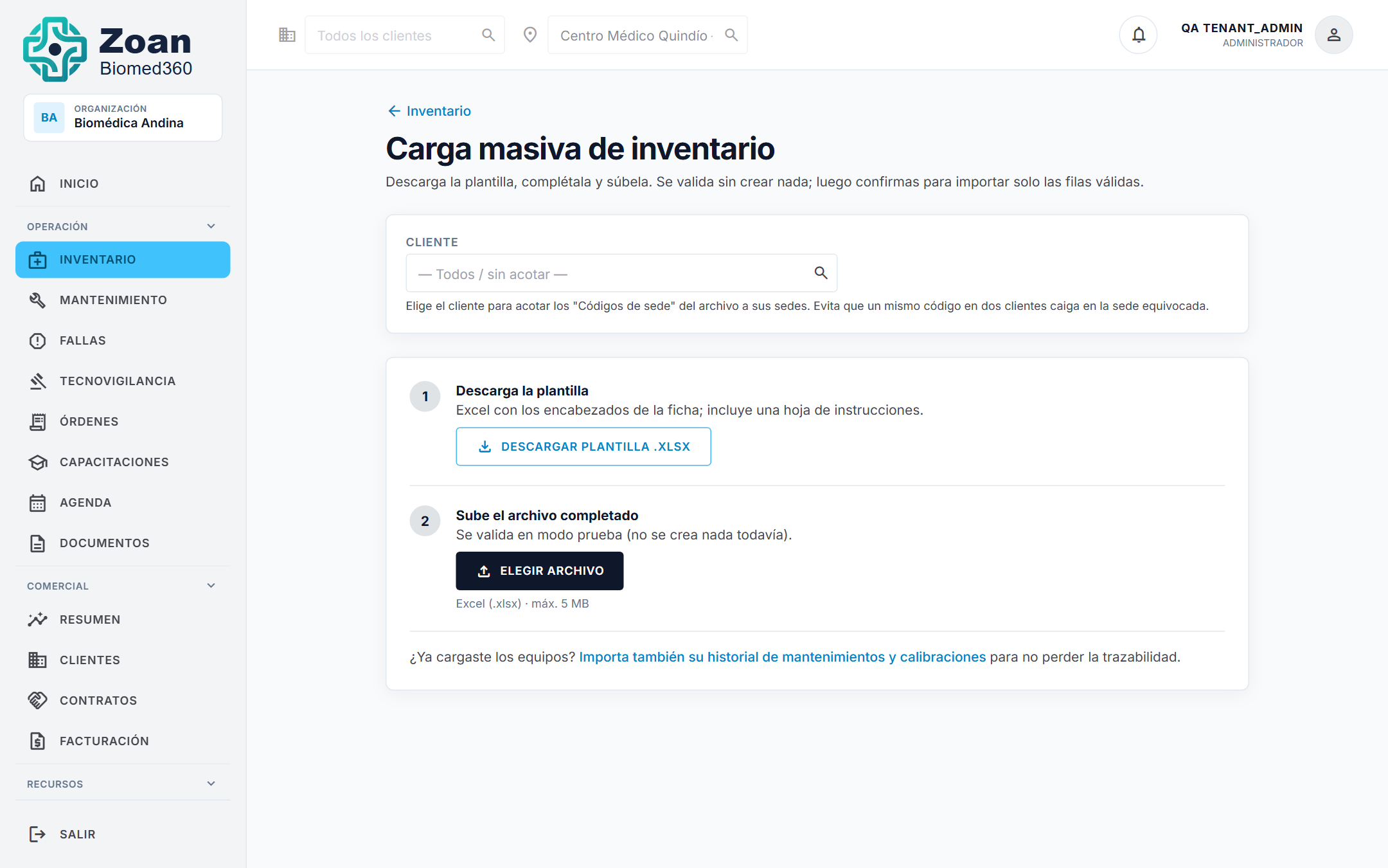 Vista de carga masiva de inventario