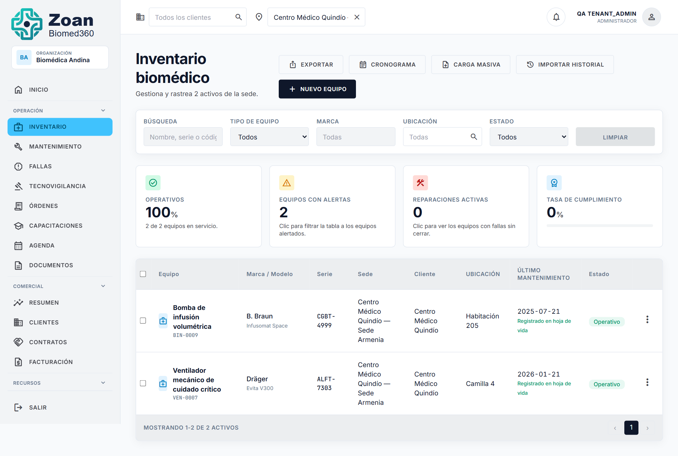 Listado de Inventario con el botón «Nuevo equipo» arriba a la derecha