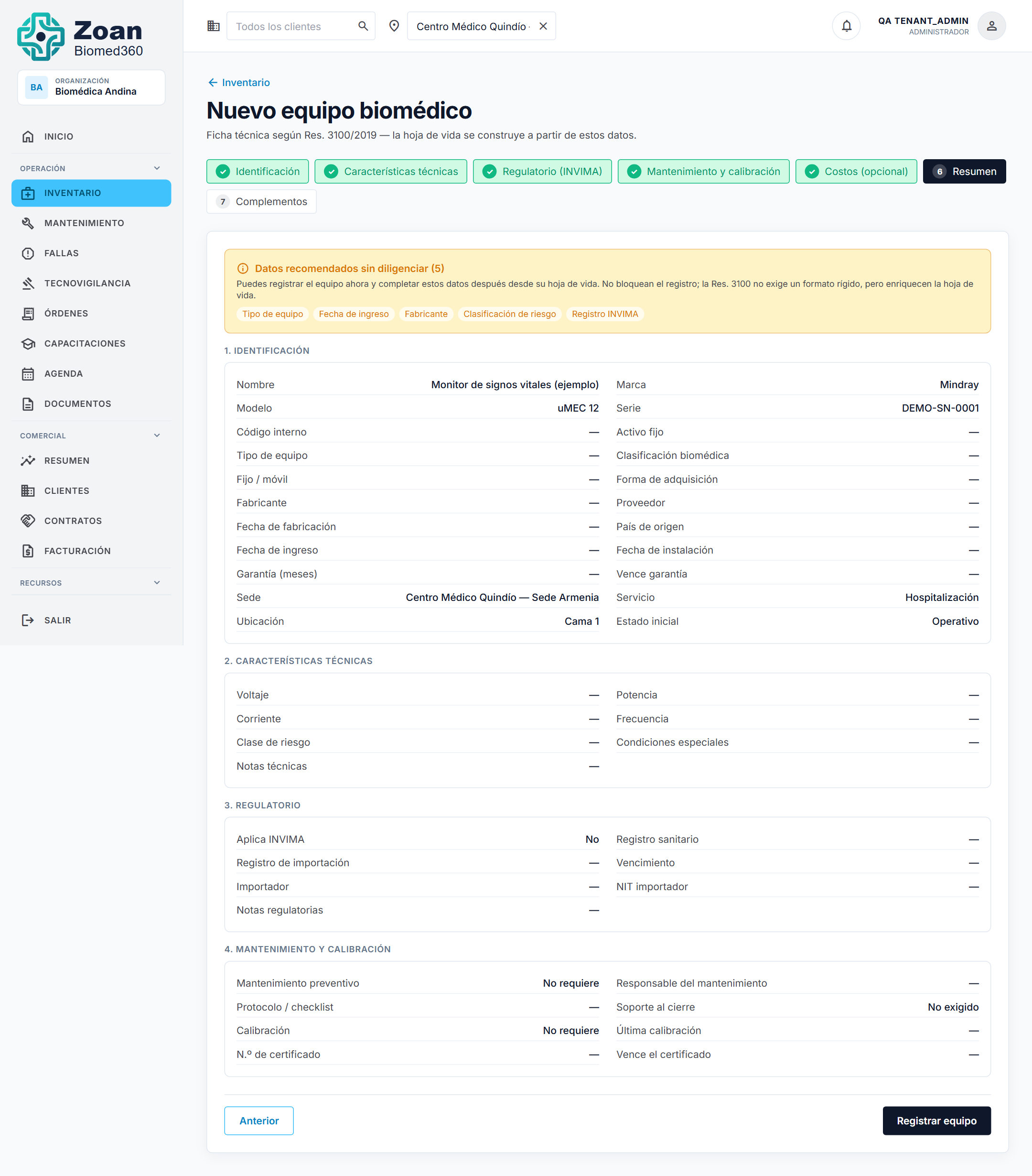 Paso 6 Resumen, con el detalle capturado y el botón «Registrar equipo»