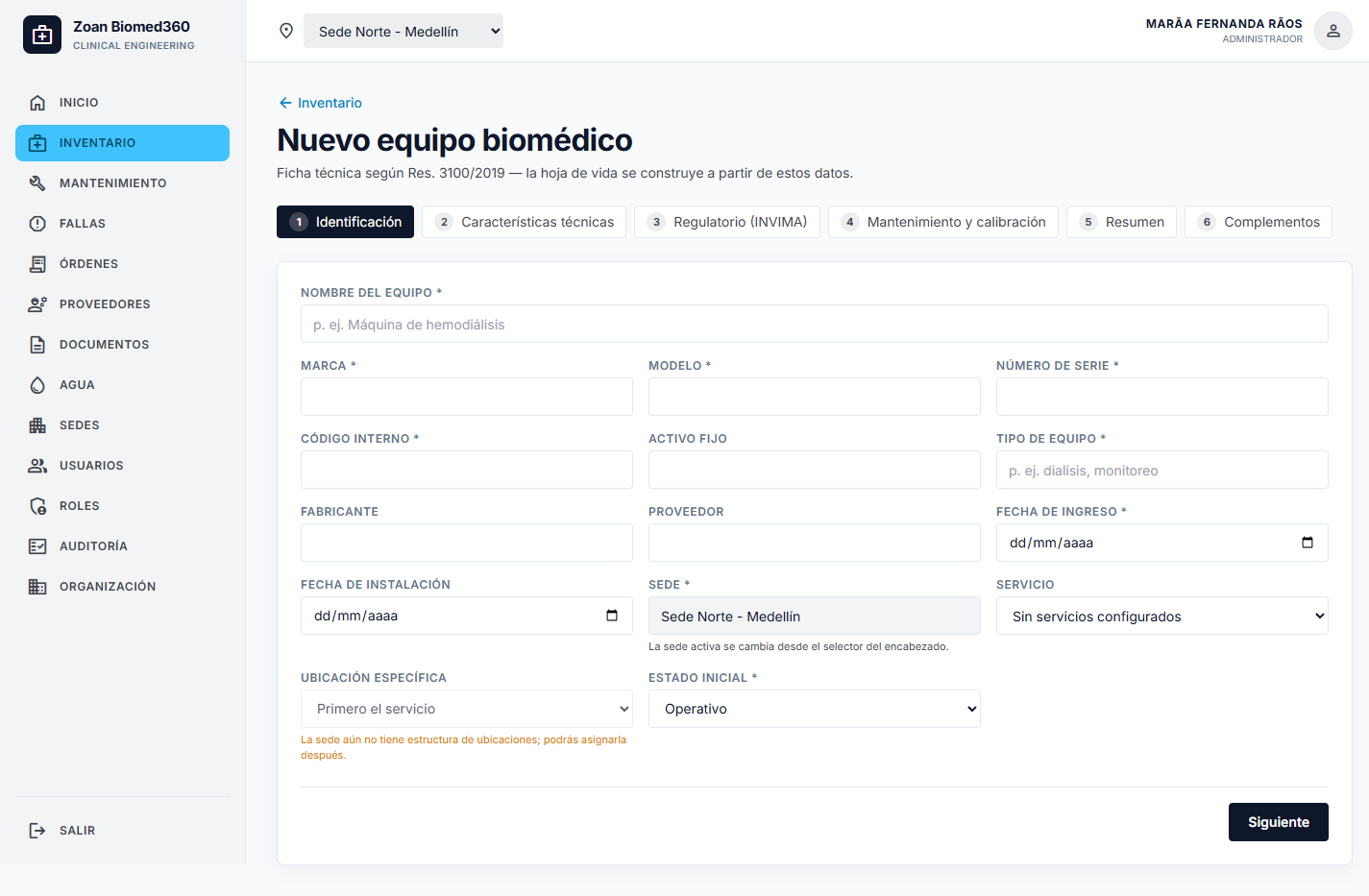 Formulario de alta de un equipo nuevo