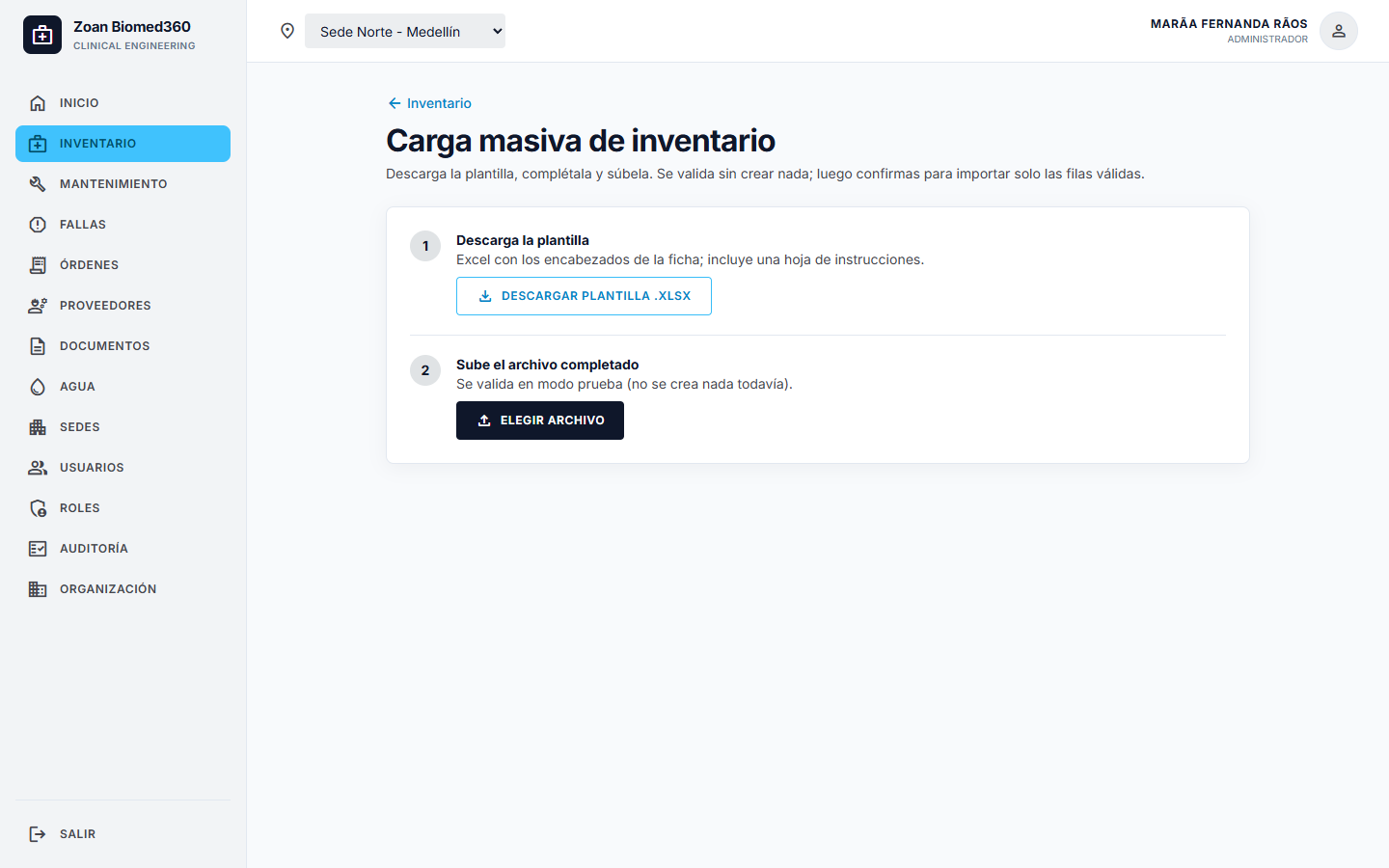 Vista de importación de inventario desde Excel