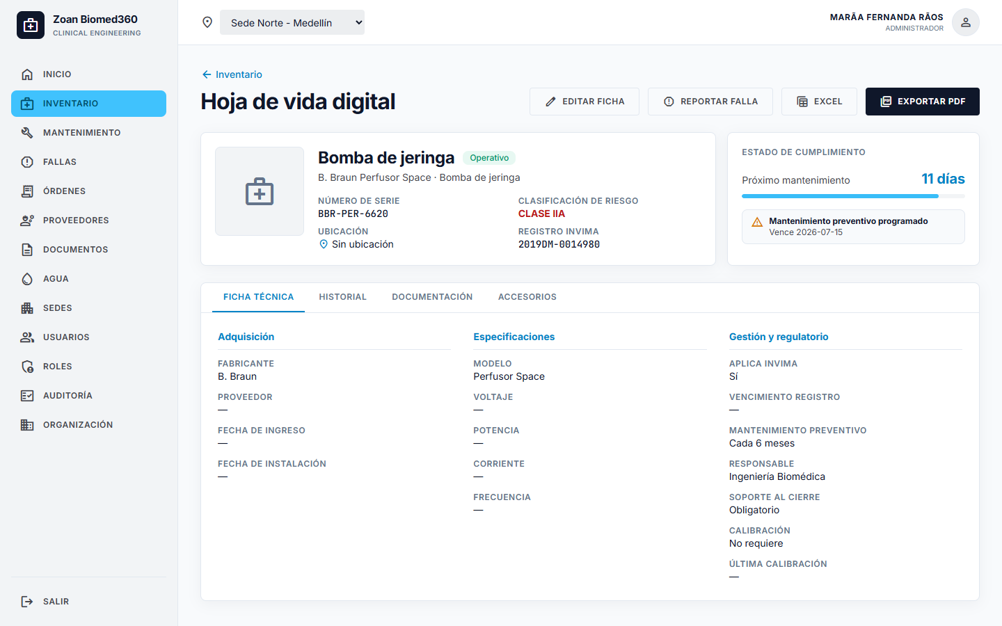Hoja de vida del equipo, donde vive la pestaña Documentación
