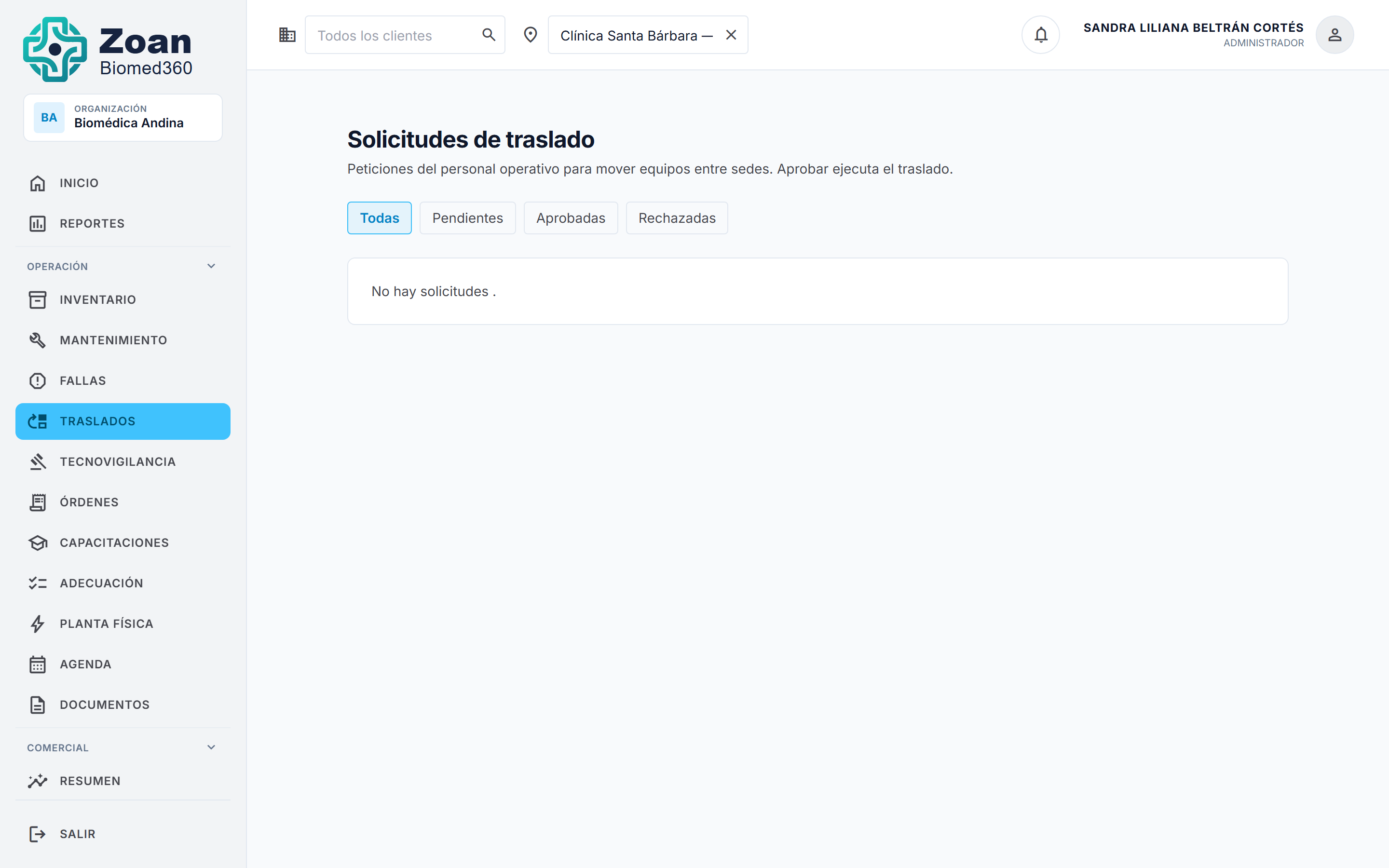 Bandeja de traslados con las solicitudes pendientes de aprobacion