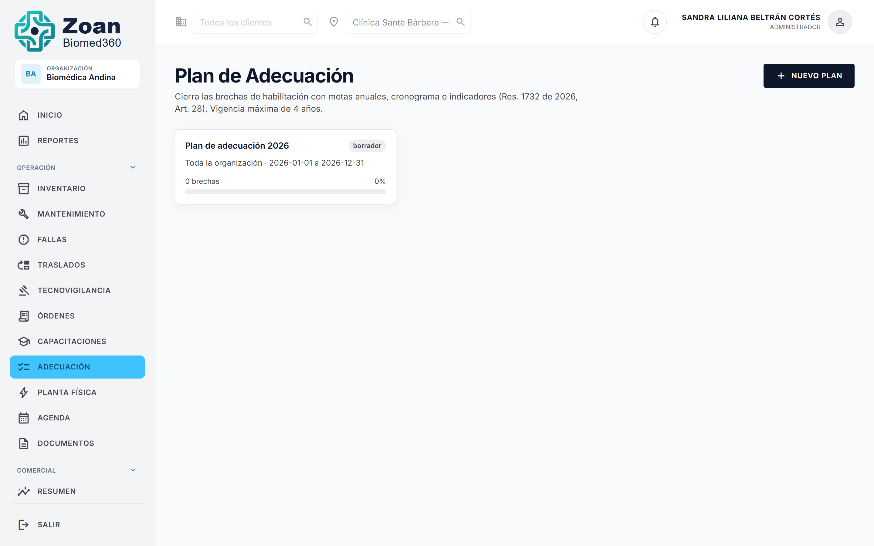 Lista de planes de adecuación con el botón «Nuevo plan»