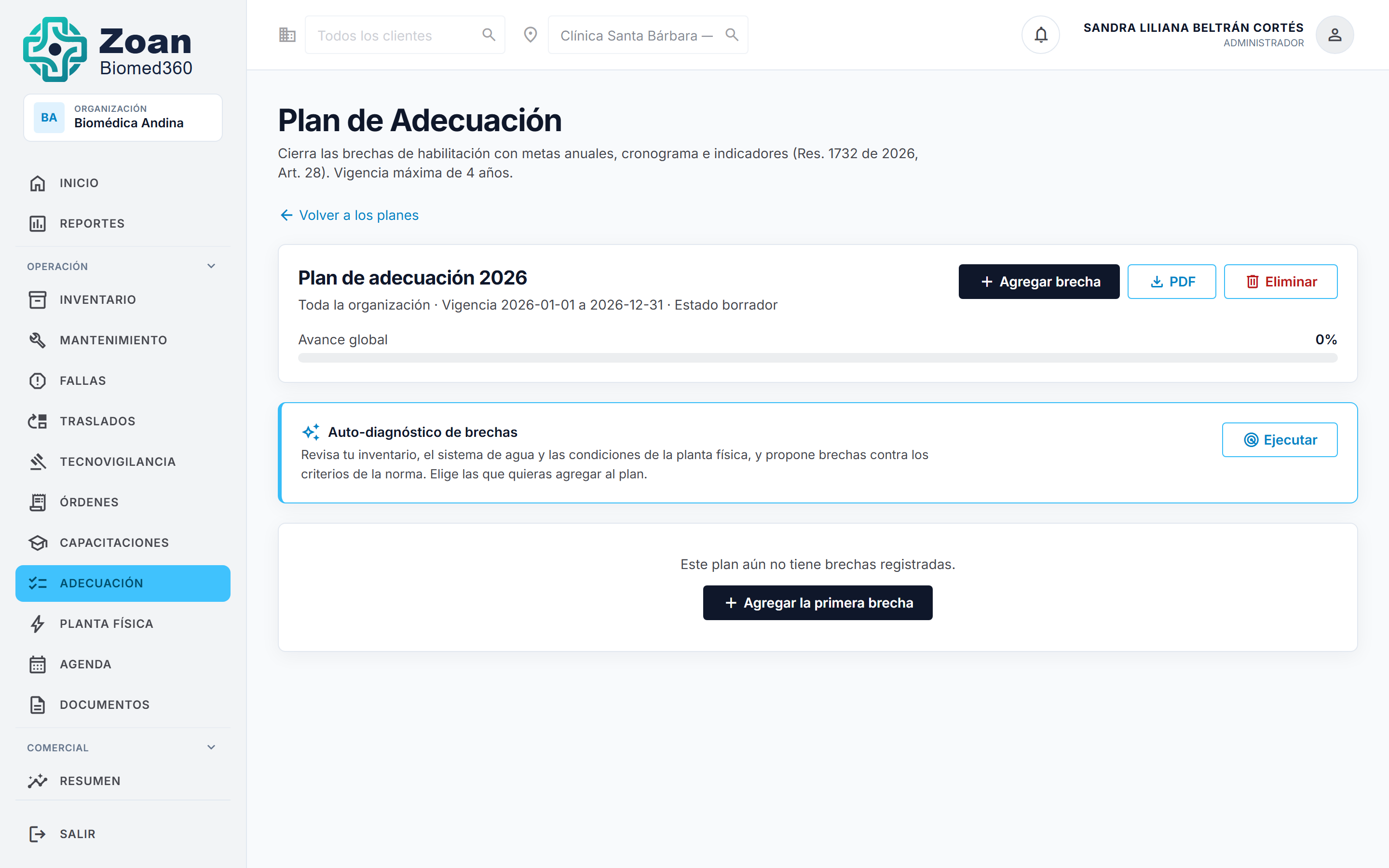 Detalle del plan con el tablero de avance y las brechas por estándar