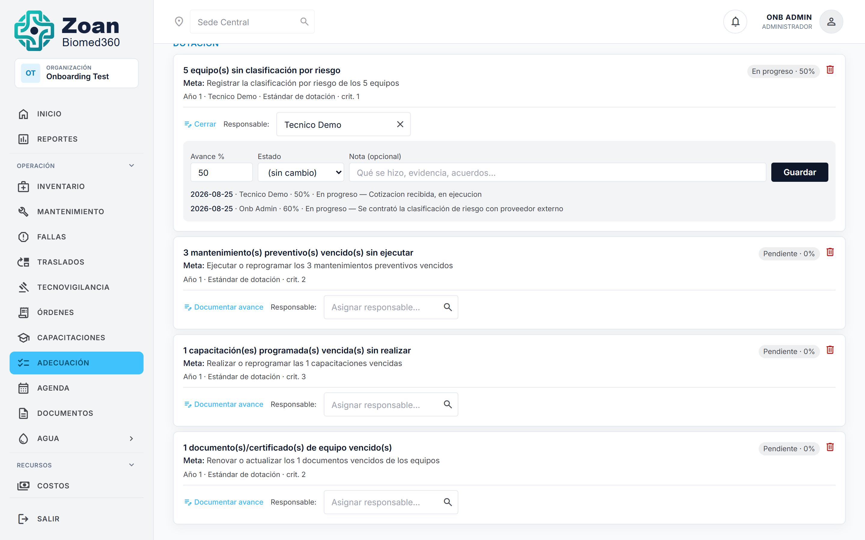 Panel para documentar el avance de una meta, con su bitácora de entradas