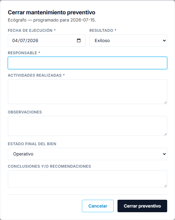 Formulario de registro de ejecución del mantenimiento preventivo