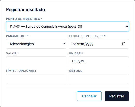 Formulario de registro de resultado de laboratorio con punto, parámetro y valor